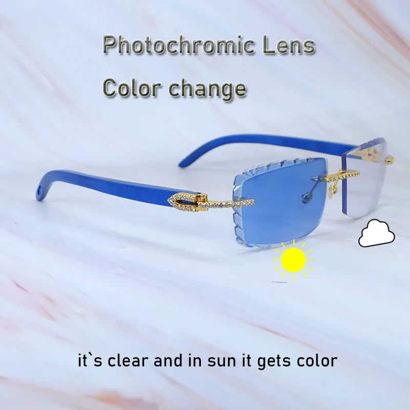 아이스 아웃 선글라스 모조 다이아몬드 컬러 변경 다이아몬드 컷 광색 렌즈 4 계절 안경 두 가지 색 선글라스 카터 블루 나무 태양 안경