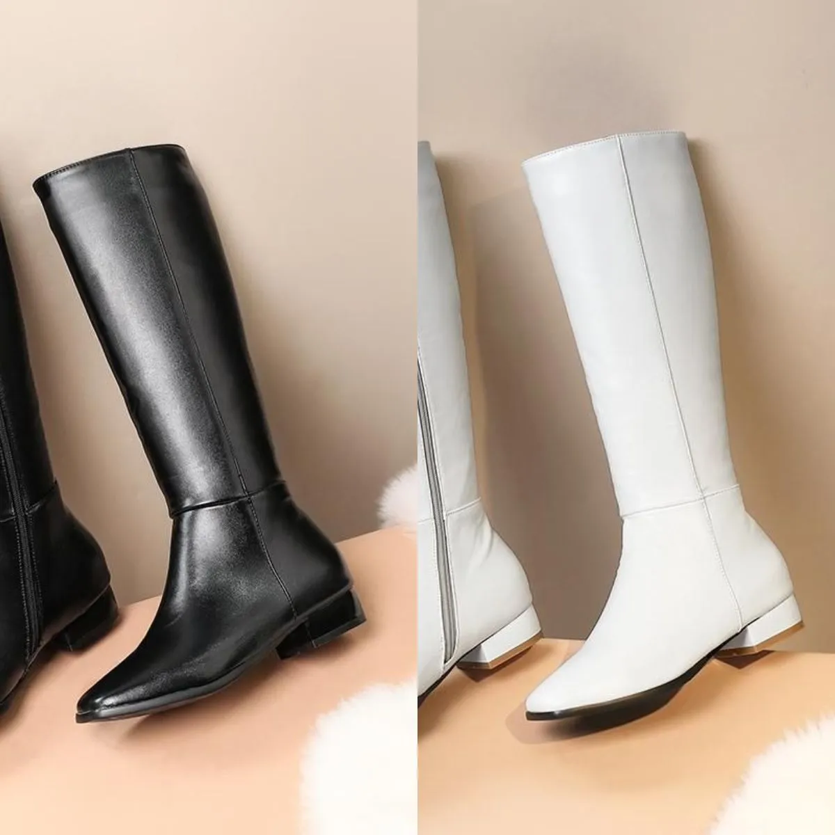 Botas PU punta cuadrada tacón bajo botas hasta el muslo otoño invierno cremallera lateral tendencia blanca moda con caja