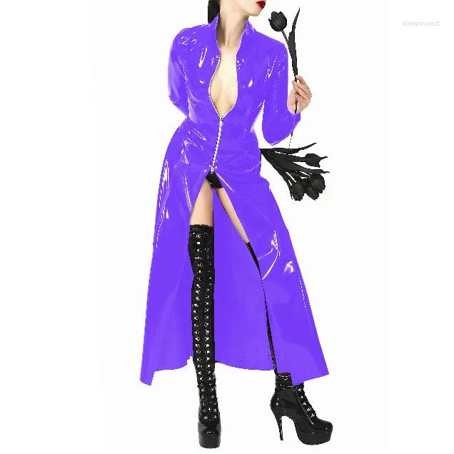 Dames Trenchcoats Gothic Unisex Glanzend PVC Coltrui Lange jas Sexy Club Wetlook Glanzend Imitatieleer Jas Raves Feest Cosplay Robe