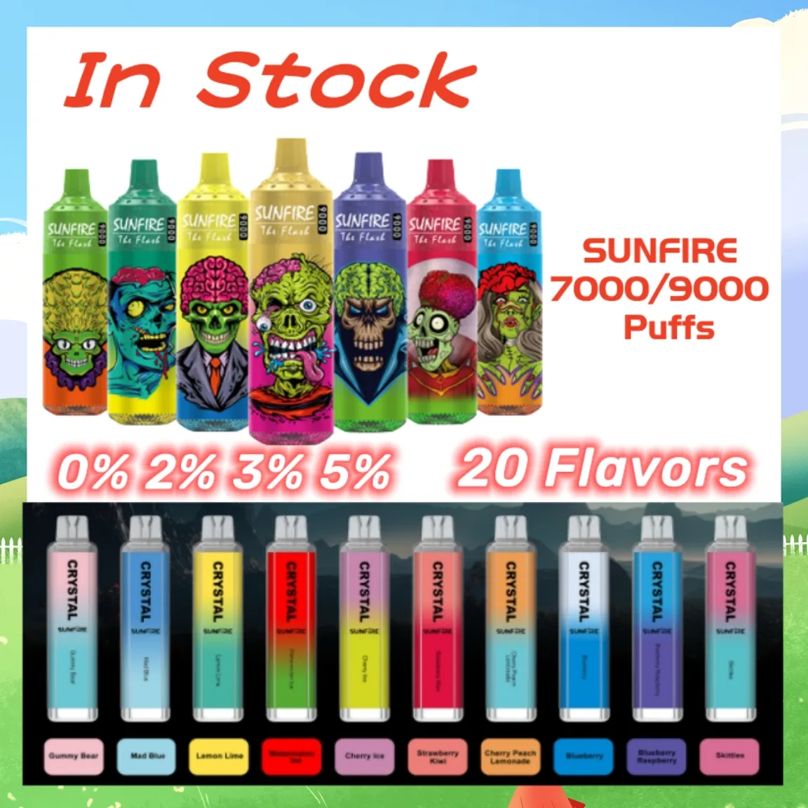 Sunfire 9000 Puff 7K Wegwerp e-sigaretten Bos van 18 ml vape 0 2 3 5% Oplaadbare 1300 mAh VAPE 9000 PUF PUFS 9000PUFFS 7000 7K 12K Puffers Tornado Crystal Vapes