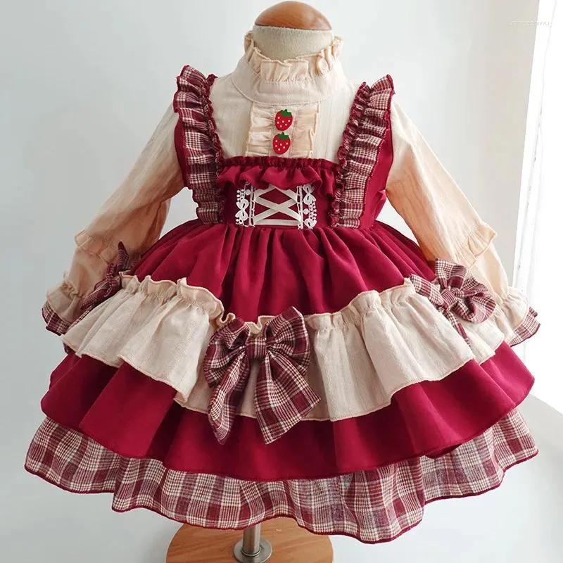 Kız Elbiseler Noel Elbise Kız Bebekler için 2023 Sonbahar Çocuklar Uzun Kollu Prenses Kırmızı Vintage Party Düğünü Lolita