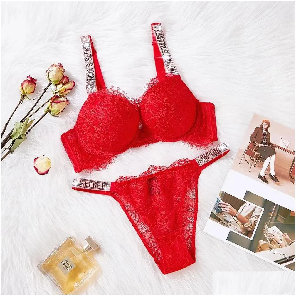 2023 NEW Women Sexy Lingerie Set 2 Piece Push Up Bra And Panty Adjustable  Lace Rhinestone Letter Brand Design Underwear Sets - AliExpress