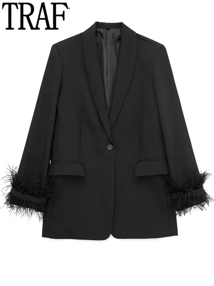 Damenanzüge Blazer TRAF Schwarzer Federblazer Damen Knopf Mode Damen Blazer Lässige elegante Damenjacken Langarm Damen Wintermäntel 231030