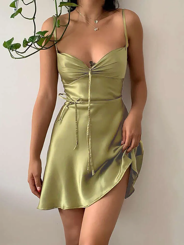 Атласное зеленое сексуальное мини-женское летнее облегающее платье на бретелях со шнуровкой, уличная одежда, повседневные платья в стиле бохо, Vestidos