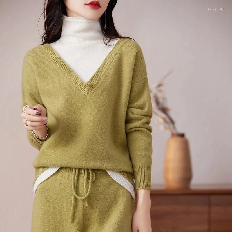 Women's Two Piece Pants 2023 Wool Set Long Sleeve Knitted High Neck Pullover Sweater Loose Comfortable Wide Leg Cashmere