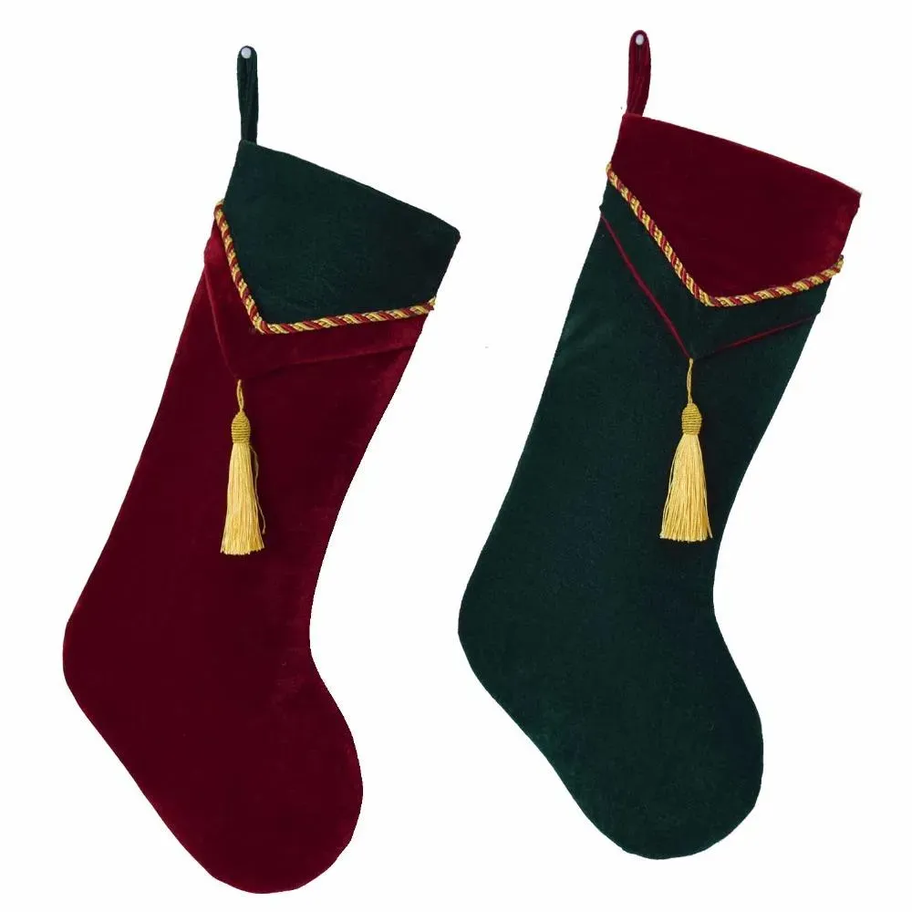 Decorazioni natalizie Calza di velluto rosso verde con calzini decorativi con nappe Set di calze natalizie da 2 pezzi 1031