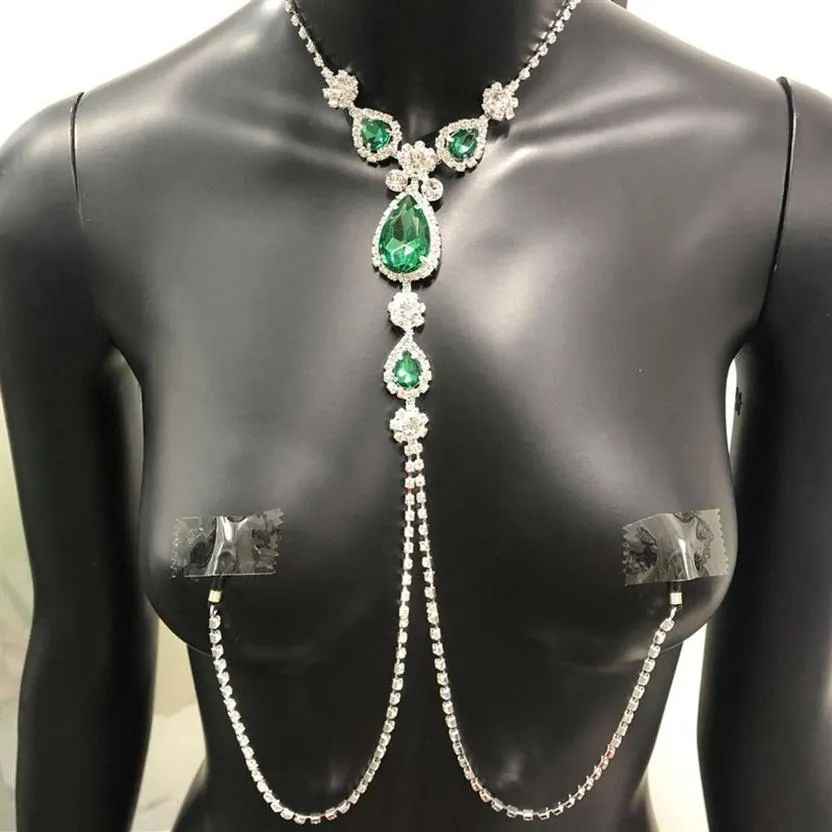 2020 Luxus Grün Strass Nicht Piercing Schmuck für Frauen Sexy Erwachsene Körper Nippel Kette Necklace241S