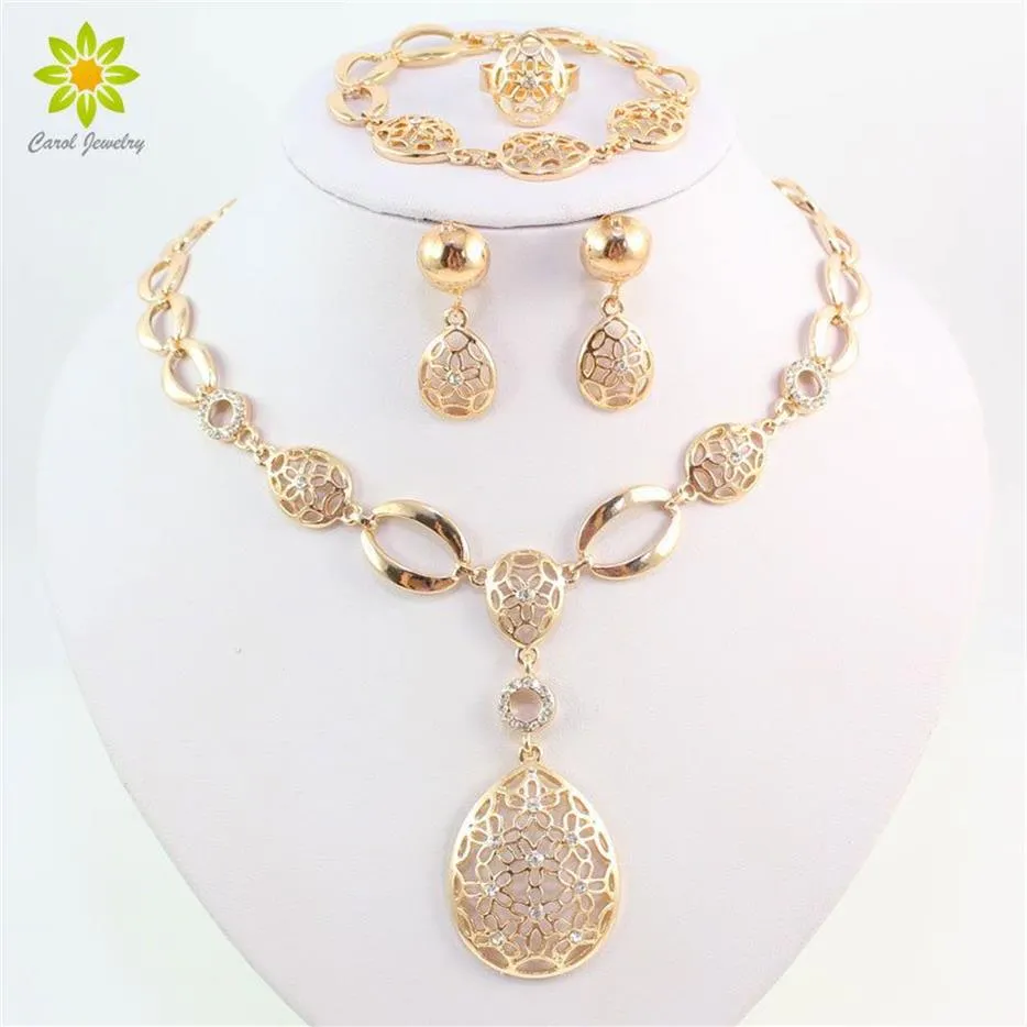 Bröllop smycken set vintage clear crystal guld färg afrikansk bruddräkt nigeriansk bröllop vatten droppe halsband örhängen set220t