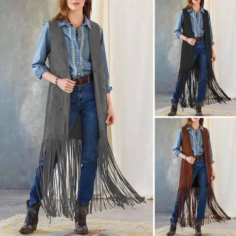 Coletes femininas mulheres franja longa borla xale colete jaqueta sem mangas soltas 70s hippie sólido remendo bolso cowboy cardigan colete outerwears