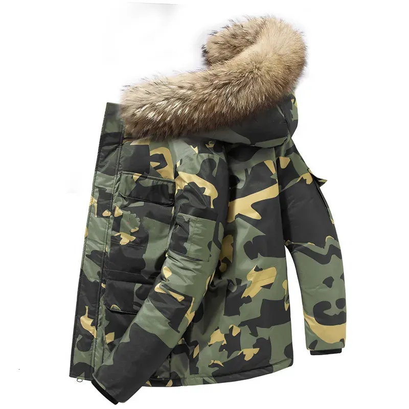 Herren-Daunenparkas, dicke warme Militär-Daunenjacken, Herren-Wintermode, Camouflage-Parkas, Pelzkragen, weiße Entendaunenmäntel, lässige Windjacke, 231031