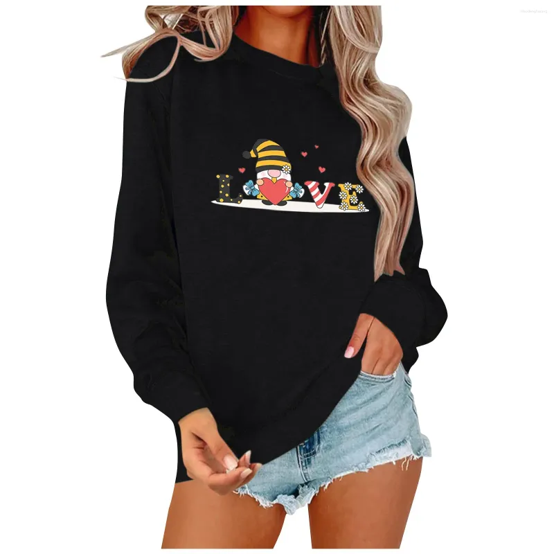 Kvinnors hoodies 2023 Spring Autumn Casual Sweatshirt For Women Valentines Day Ladies Long Sleeve Dwarf Print Pullover Shirt Loose Tops