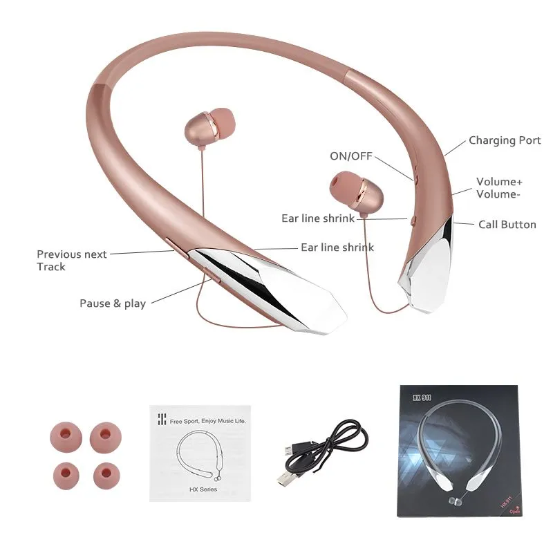 Ny ankomst trådlös Bluetooth -headset HX 911 CSR 4.0 Tone Infinim hörlurar Sport Neckband Earphone Hands Free HBS910 för smart telefon