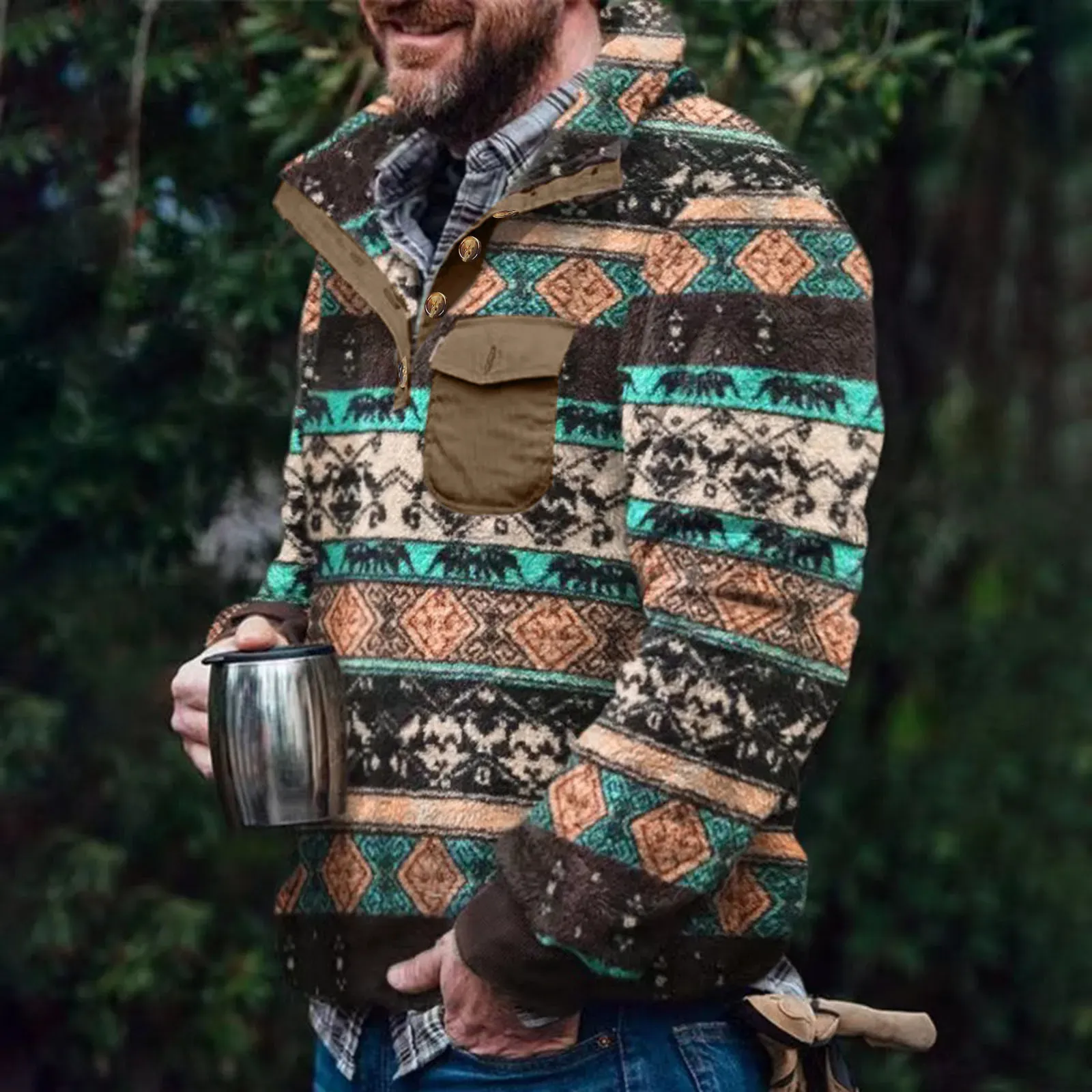 Retro Ethnic Mens Outerwear With Button Collar And Double Sided