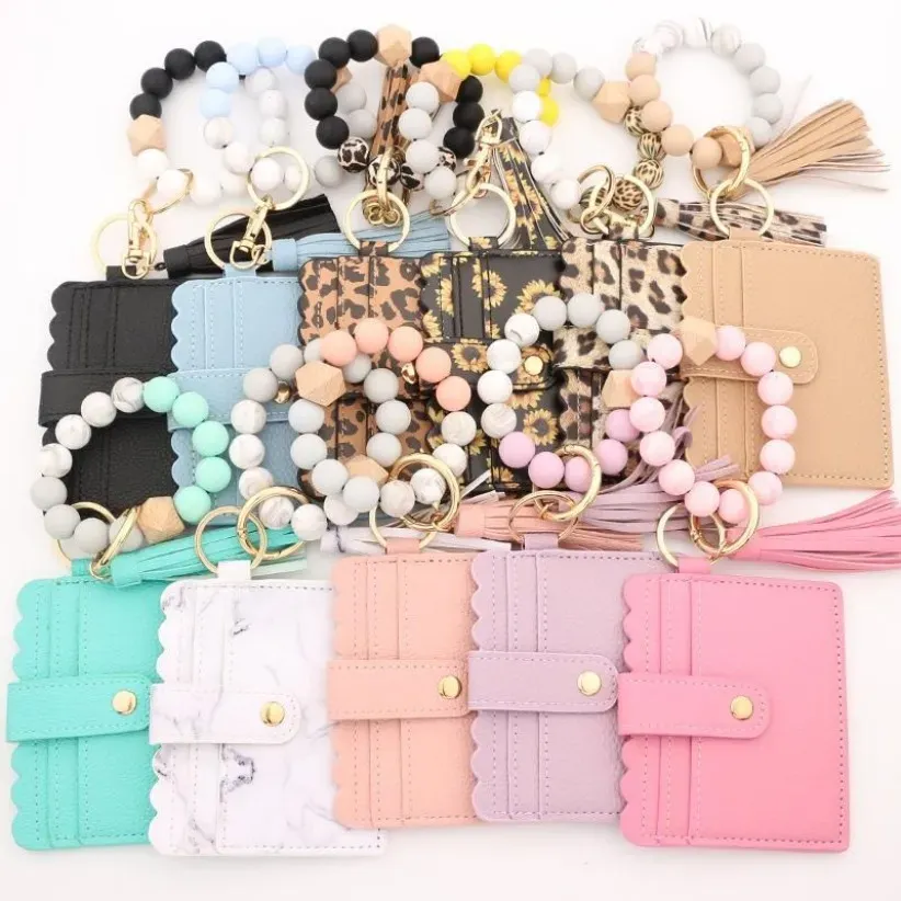 PU Leather Bracelet Wallet Keychain Party Favor Tassels Bangle Key Ring Holder Card Bag Silicone Beaded Wristlet Keychains FY3399 1031