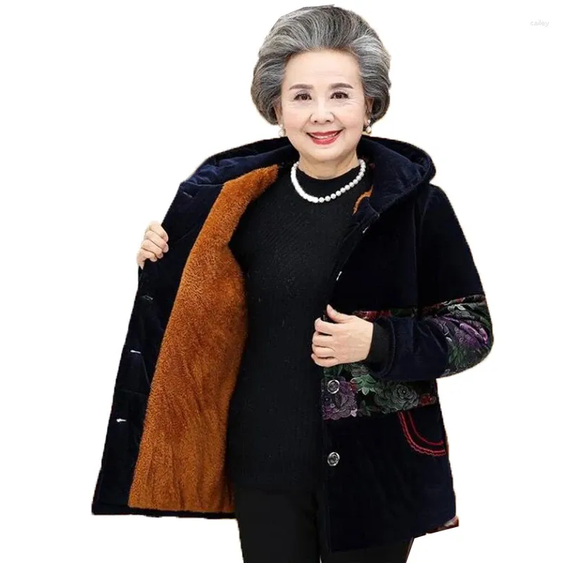 Trench da donna Cappotto di cotone per anziani di mezza età 2023 Giacche invernali imbottite Monopetto con cappuccio Aggiungi cappotto caldo e spesso Parka QA09