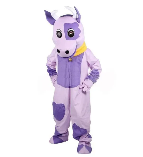 2024 Halloween Purple Cow Maskottchen Kostüm Hochwertige Cartoon Rinder Themencharakter Weihnachten Karneval Erwachsene Geburtstagsfeier Fancy Outfit