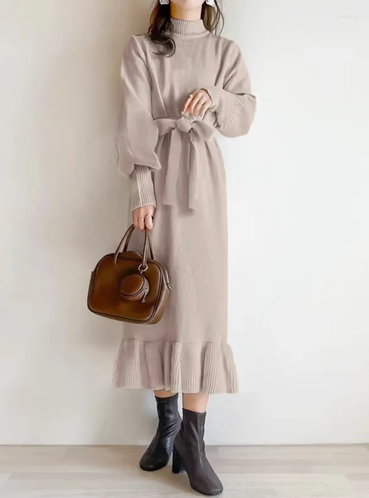 Casual Dresses Japanese Sweet Small High Neck With Belt Vestidos 2023 Autumn Korean Chic Simple Slim Waist Female Long Knitted Dress