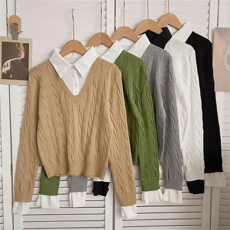 Kadın Sweaters Patchwork Gömlek Örme Süveter Faux İki PC KÜÇÜK ÜSTÜ ÜSTÜ MÜLKÜDE GÜNLÜK Düğmesi Uzun Kollu Bluz