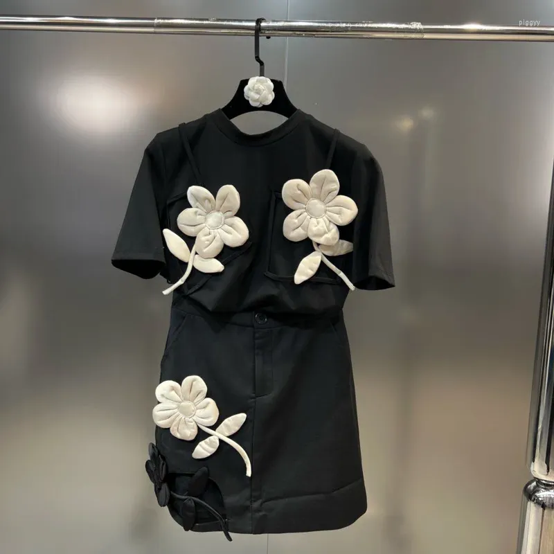 Robes de travail PREPOMP 2023 Été Manches courtes O Cou Appliques Noir Lâche T-shirt Mini Jupe Deux Pièces Ensemble Femmes Tenues GF866