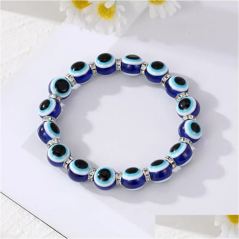 Urok bransoletki 8 mm 10 mm Blue Evil Eye Bransoletka Turcja Oczy życzenia ręcznie robione damskie żywice z koraliki Brzeczenie Elastyczne bransoletki Biżuteria DEL DH3D2