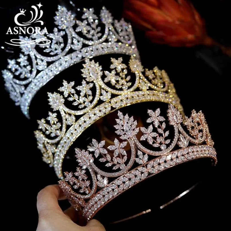 Asnora Luxury Wedding Hair Associory Rose Gold and Golden Crowns Tiaras and Crowns for Women Cz Crown Bridal Veadband X0240Z