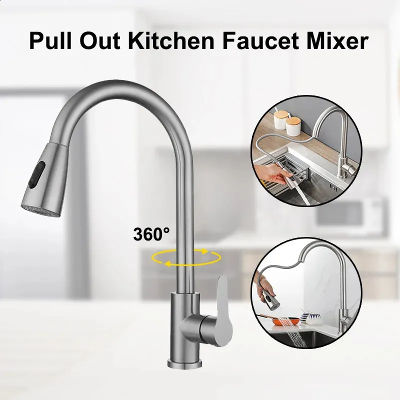 Kitchen Faucets Brushed Nickel Faucet Single Hole Pull Out Sink Mixer Tap Stream Sprayer Head Deck Mounted Cold 231030