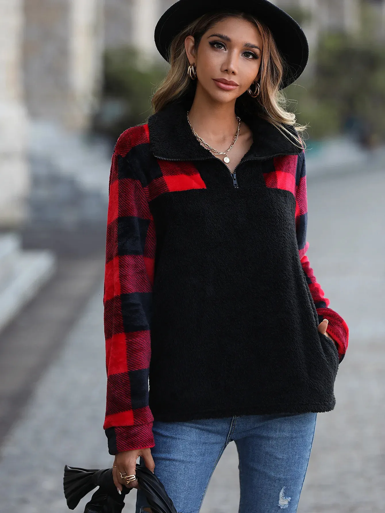 Women's Sweaters Long Sleeve Collar Stitching Plaid Sweate Flash Velvet Autumn Plush Women's Half Zipper Double Flannel Plaid Pullover Sweater 231031