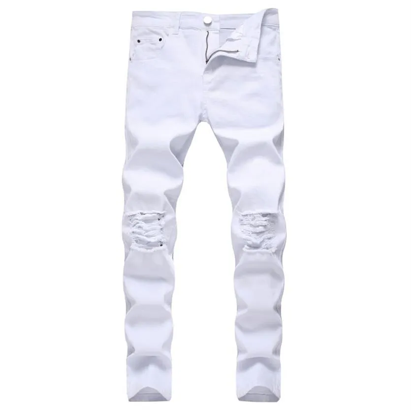 Godlikeu White Mens Jeans rippade nödställda svart mager denim hiphop -knappen stretch pants3167