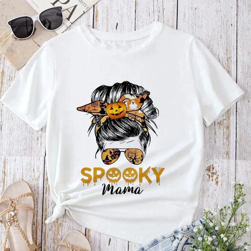 Women's T Shirts Mom Messy Bun Skull T-shirt Camiseta Funny Women Halloween Party Gift Tshirt Trendy Spooky Mama Summer Aesthetic Top