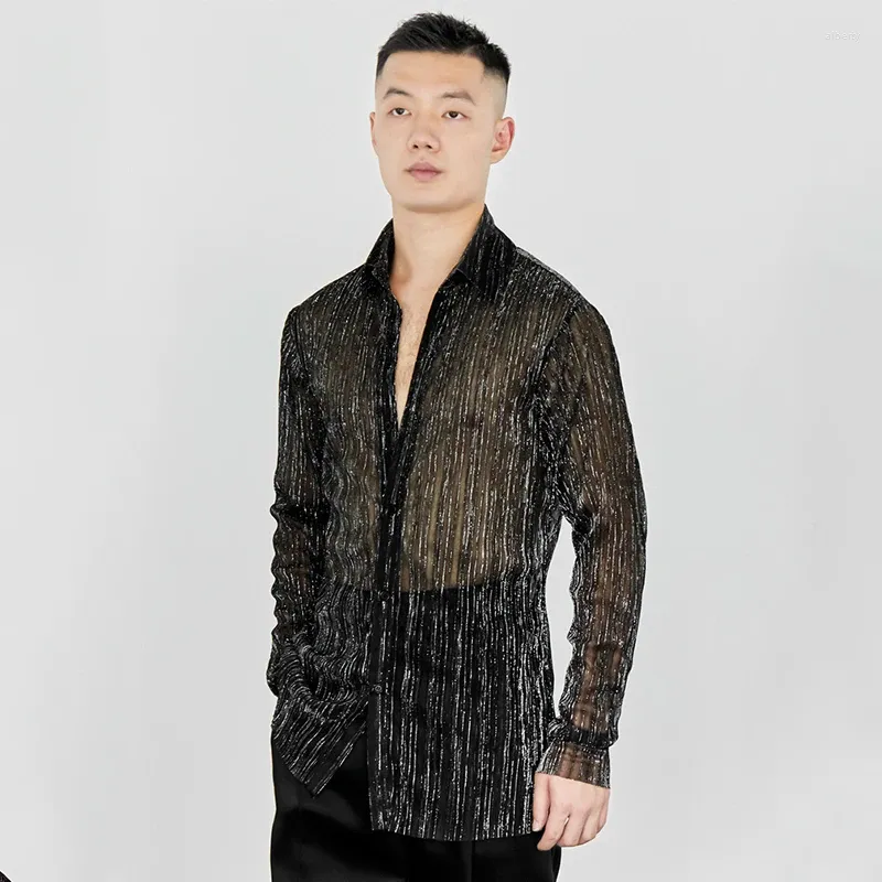 Stage Wear 2023 Latin Dance Tops for Men Perspective Browling Shirt Chacha Rumba Ubrania DQS13979