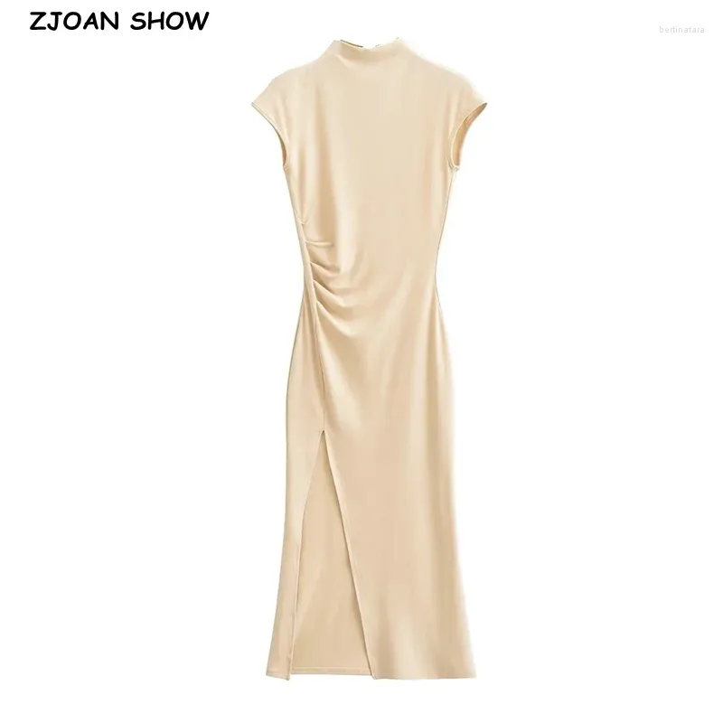 Feestjurken 2023 Sexy Half Hoge Colla Ruches Taille Zoom Kruis Split Lange Zeemeermin Jurk Vrouwen Korte Mouw Stretch Bodycon fishtail Gewaad