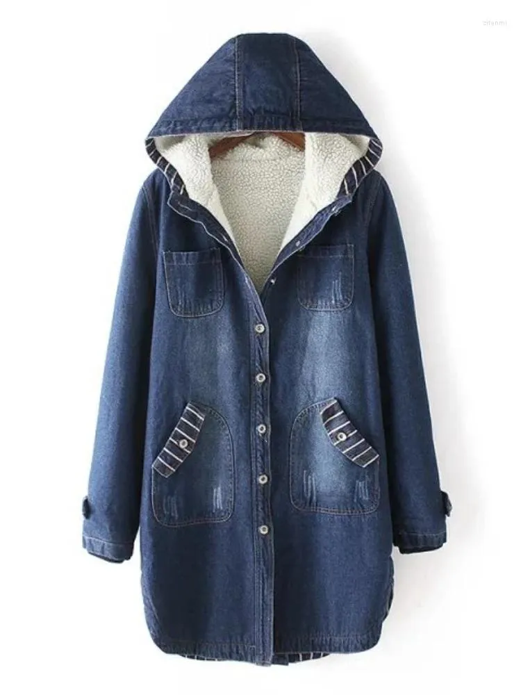 Women's Trench Coats Autumn Winter Women Fashion Vintage Thick Warm Denim Cotton Coat Hooded Single Breasted Long Jacket