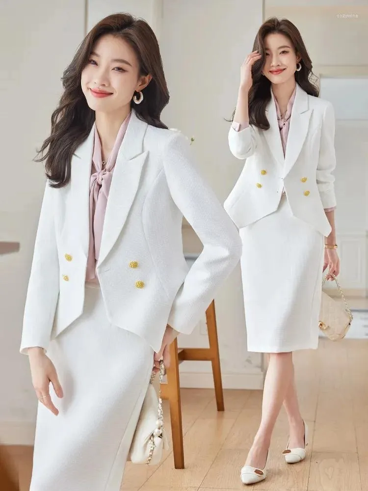 Robe de deux pièces formelle élégante femme jupe costume 2 haut de gamme blanc rose double boutonnage bureau dame veste mince blazer ensemble vêtements d'affaires