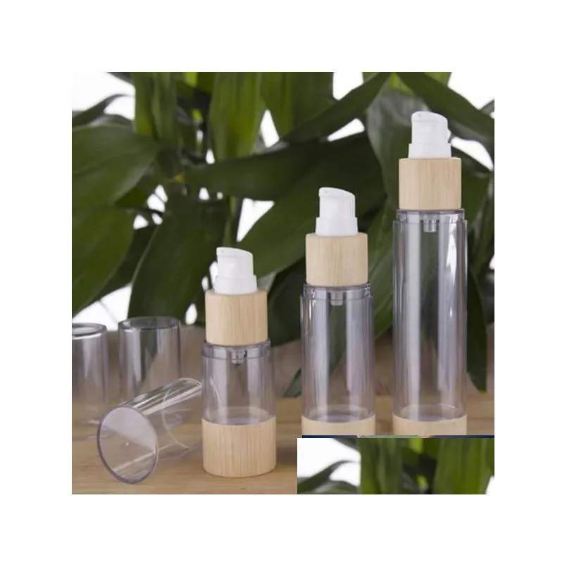 Bouteilles d'emballage Bouteille cosmétique en bambou en gros 20 ml 30 ml 50 ml 80 ml 100 ml 120 ml vide pompe à vide sans air pour sérum crème de maquillage Dhjax