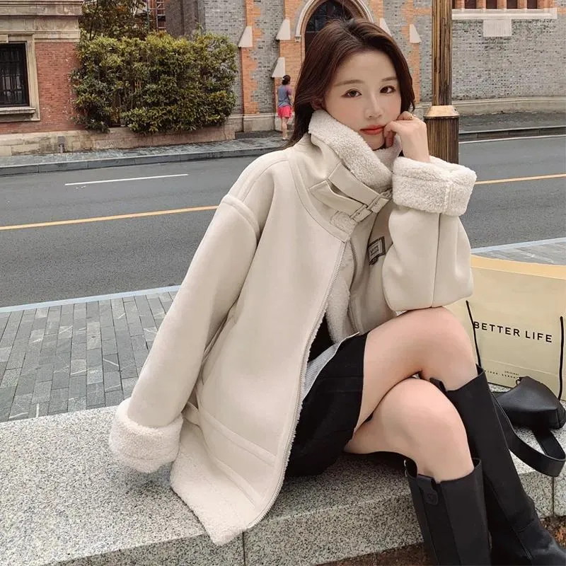 Women's Trench Coats Women Winter Faux Fur Suede Jackets Zipper Thicken Warm Lambs Wool Korean Ladies Loose Oversized Outwear Tops Woman