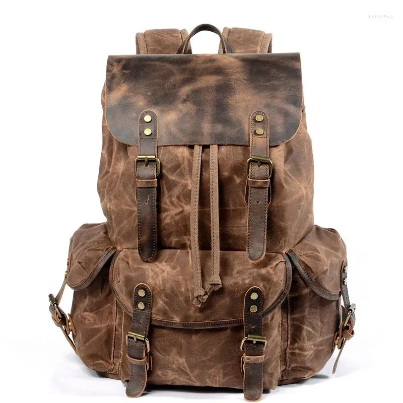 Rucksack Reise Casual Student Retro Draw Rope Herren Öl Wachs Canvas Tasche Trend Oblique T174