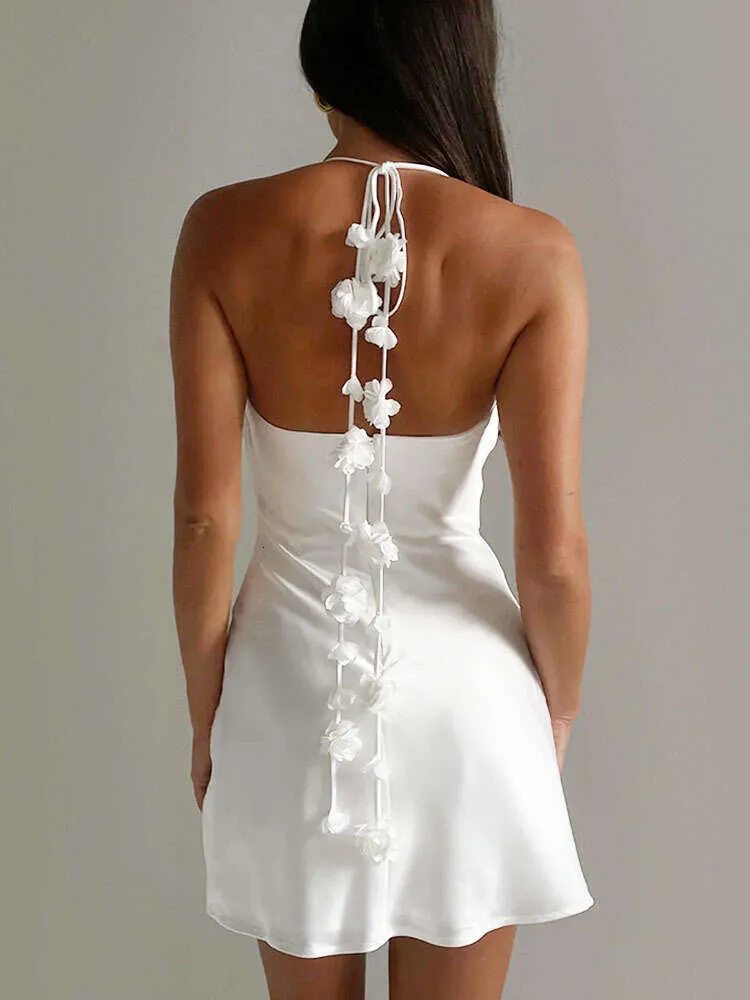 Slim ärmlös öppen klänning för kvinnor blommor hängslen sommar vita klänningar födelsedagsfest sexig vestidos de mujer