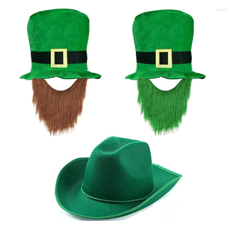 Berets St Patrick Day Hat Green Beard Hat مع مشبك شامروك شامروك الأيرلندي الاحتفال بالاحتفال بحفلة رعاة البقر الإكسسوارات