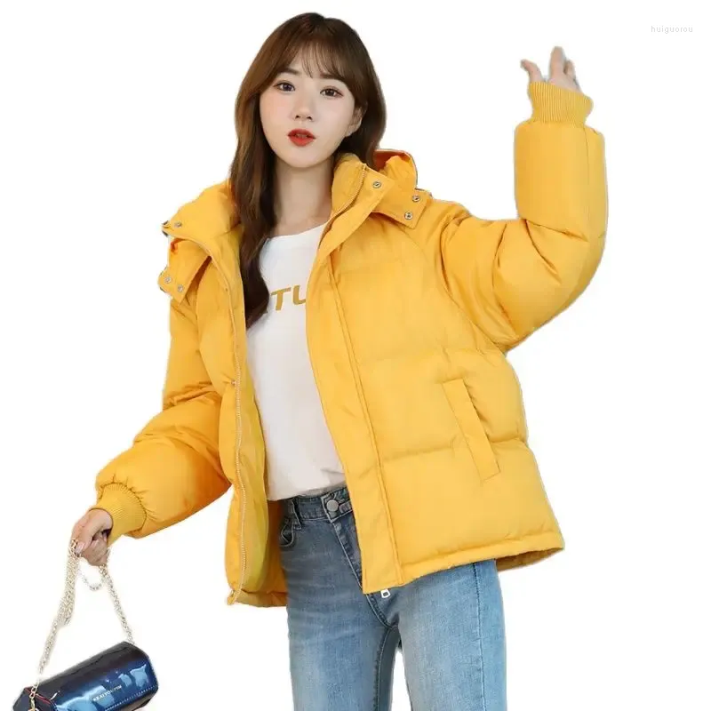 Women's Trench Coats 2023 Winter Women Jacket Yellow Short Hooded Cotton Padded Female Coat Thicken Warm Outwear Loose Waterproof Parka