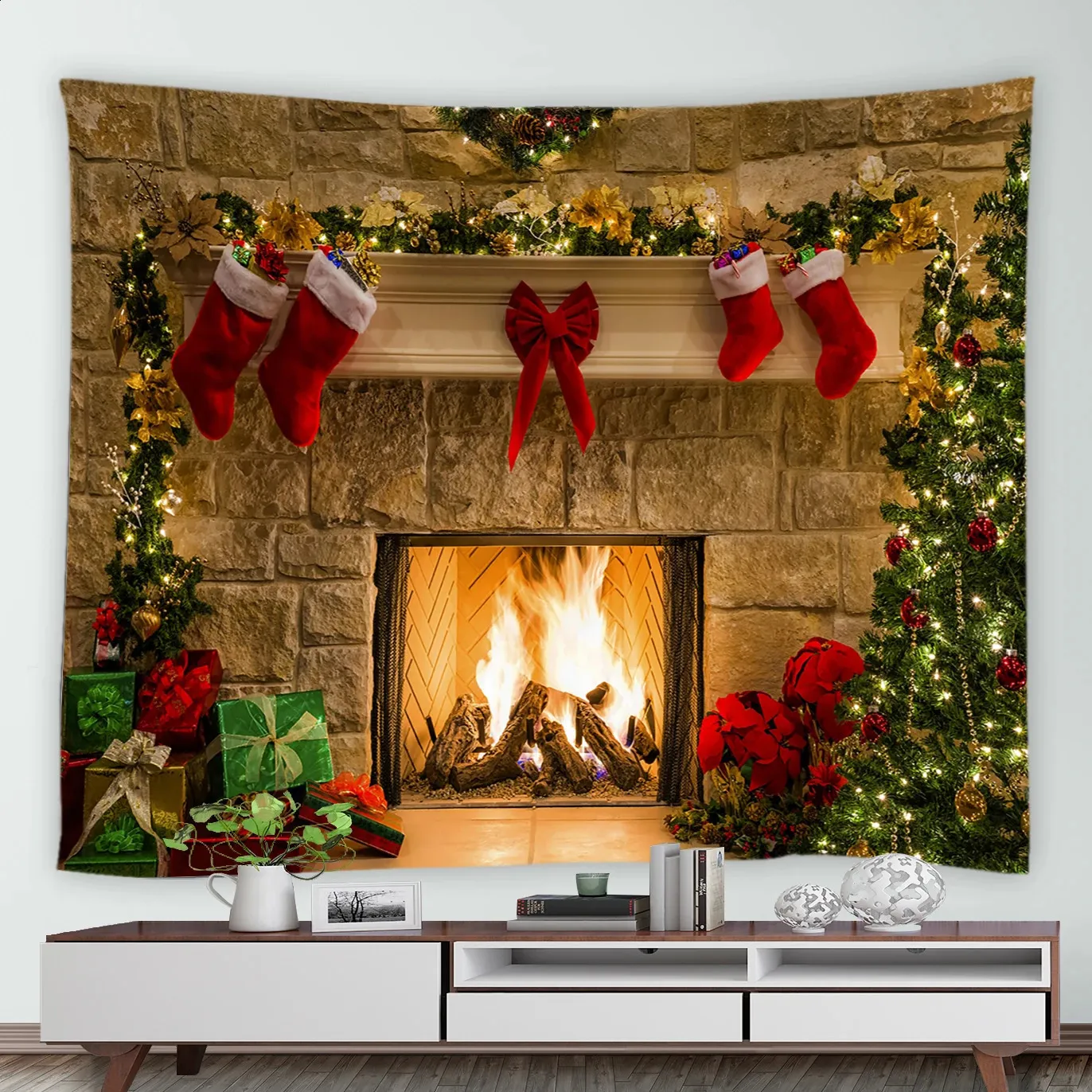 Decorações de Natal Árvore de Natal Bola Vermelha Retro Lareira Tapeçaria Ano Festa de Férias Pano de Fundo Decoração Pendurada em Casa Dormitório Tapeçarias 231030