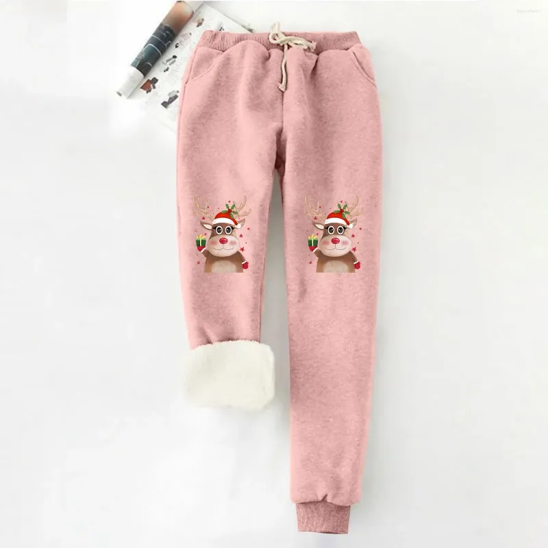 Pantalones para mujer Mujeres Navidad Impresión Otoño Invierno Terciopelo Bolsillos cálidos Cintura elástica Lazo Pierna Deportes Cordón casual para