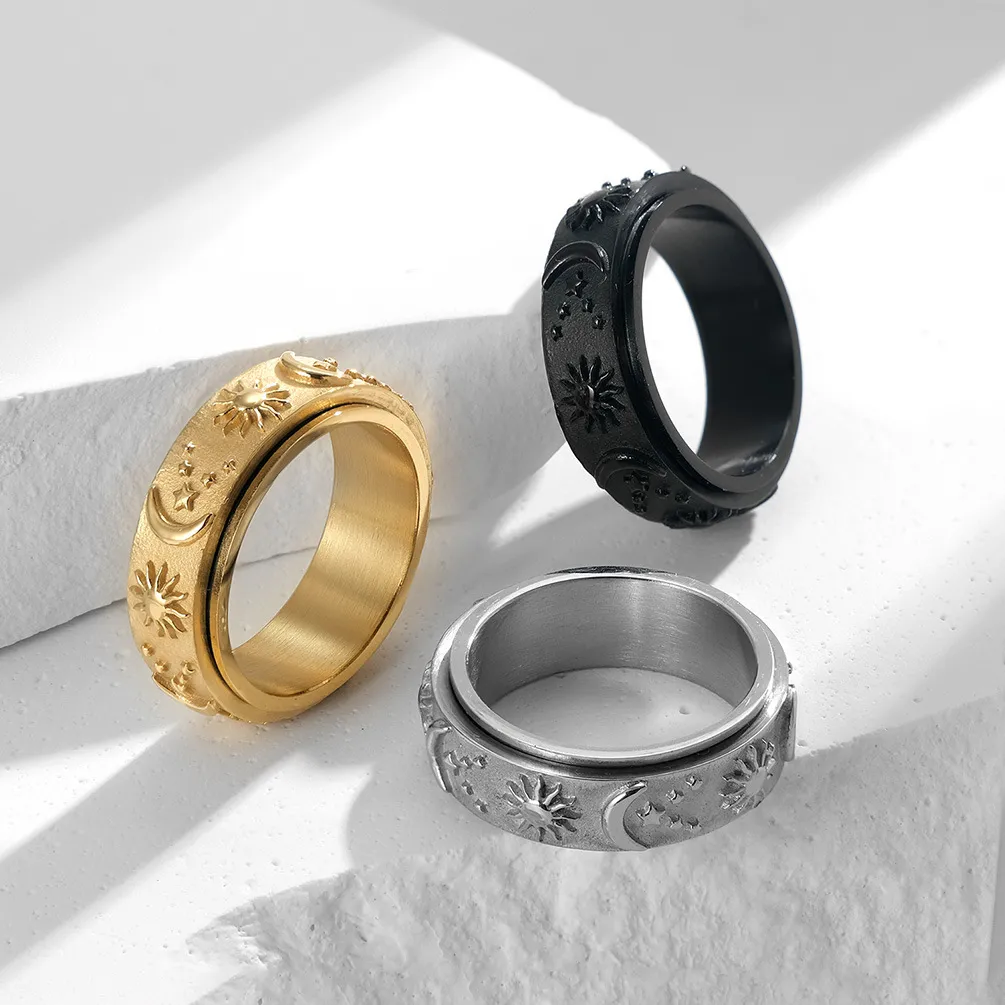 8 mm Edelstahl-Ring für Herren, Mond, Stern, Sonne, Statement-Ring, Boho-Schmuck für Damen und Herren