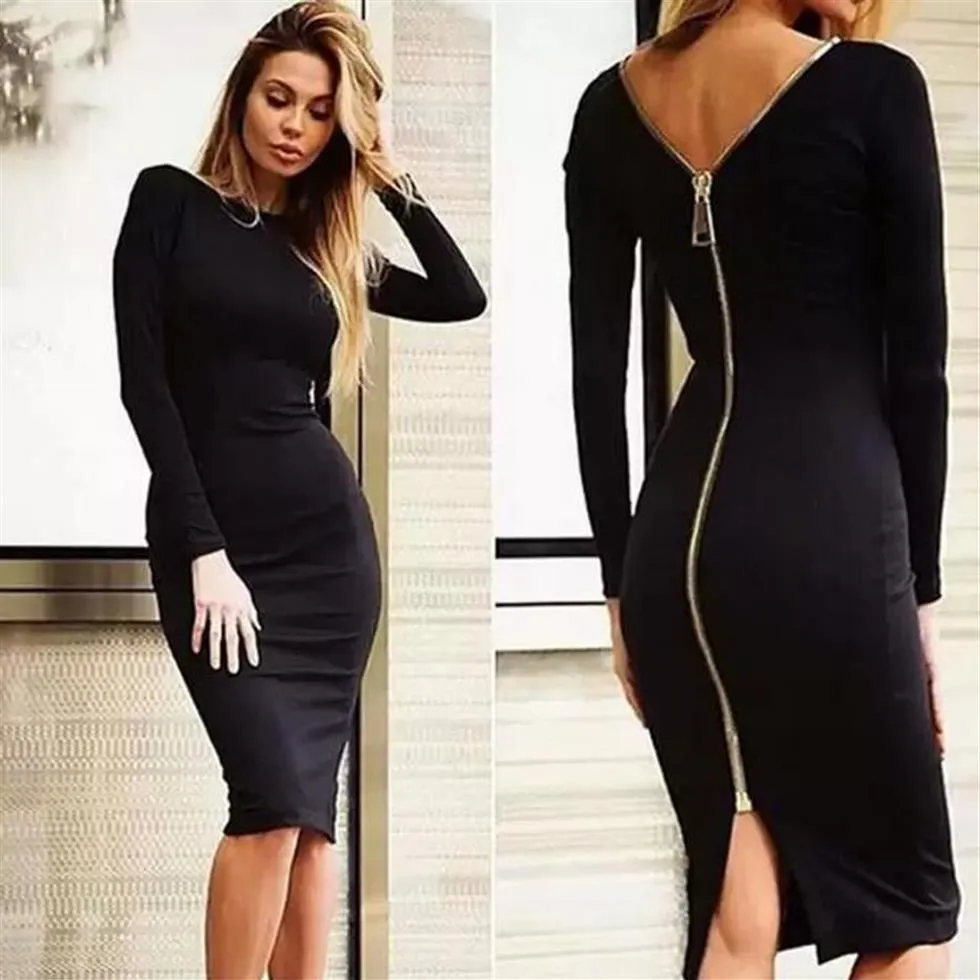 Mode noir à manches longues robes de soirée femmes vêtements dos complet Robe à glissière Sexy Femme crayon serré Dress241M