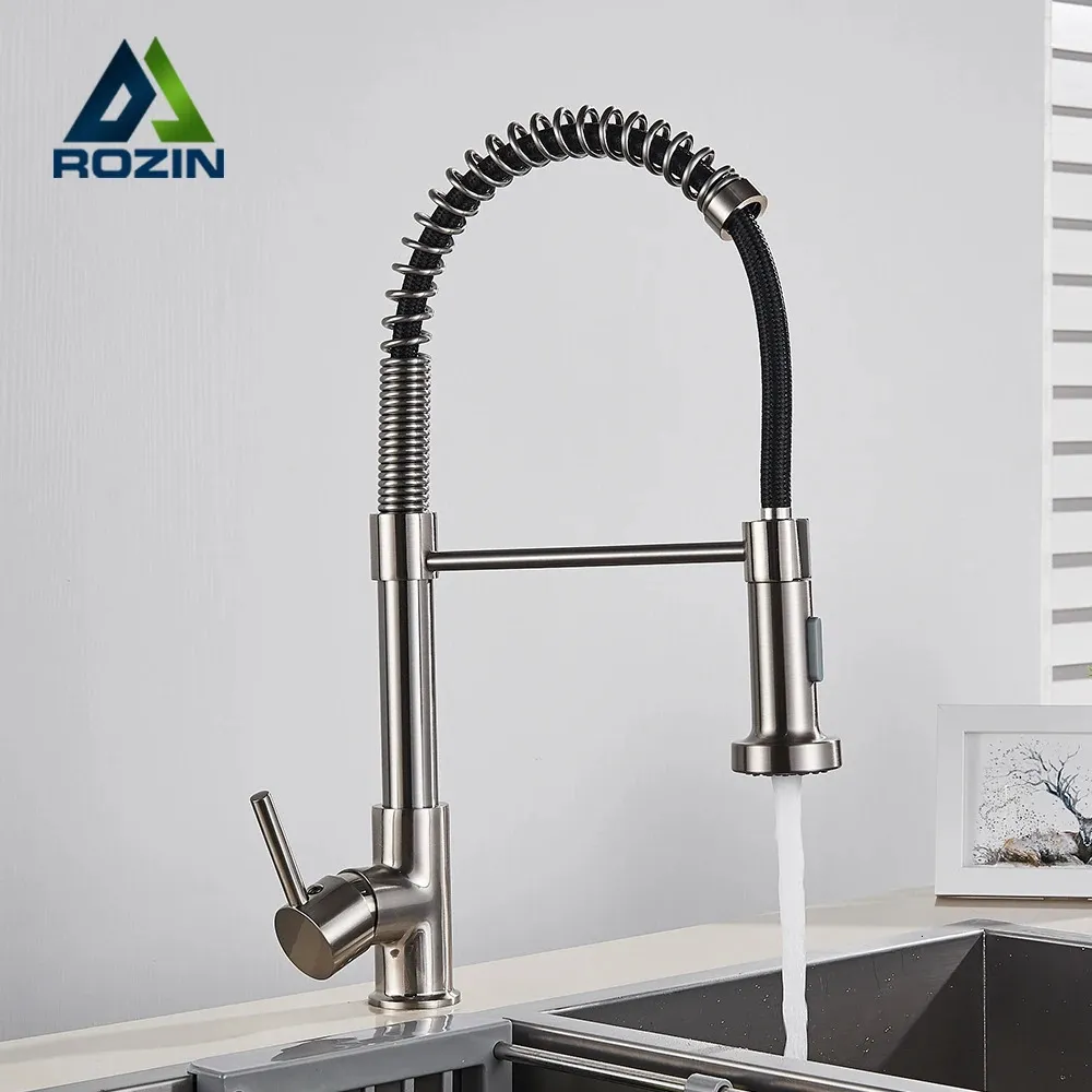 Kitchen Faucets Rozin Brushed Nickel Faucet Deck Mounted Mixer Tap 360 Degree Rotation Stream Sprayer Nozzle Sink Cold Taps 231030