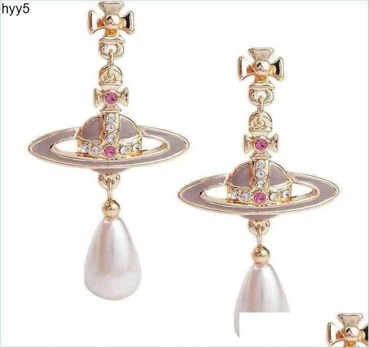 Charm Space Western Empress Dowager Lavender Paint Pearl Drop Elegant Temperament Spot Package Delivery 2021 Jewelry Earring6931318