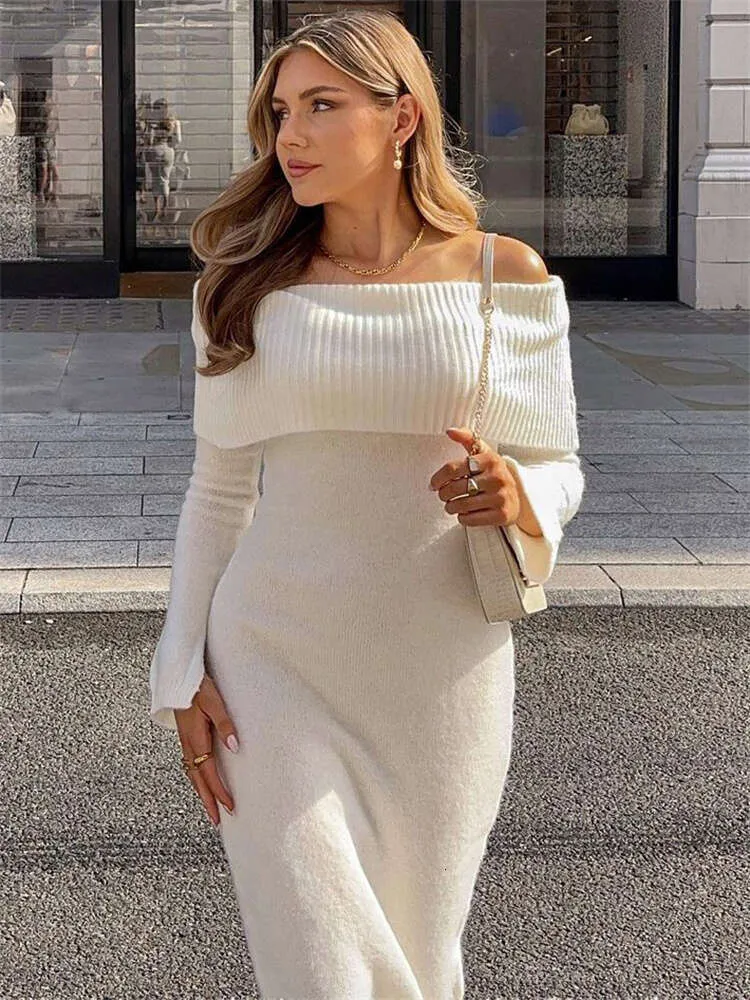 White Off Shoulder Knee-Length Cotton Blend Knit Dress with Ruched  Patchwork and V-Neck from Dhgate Street Style Dresses - price 47.09