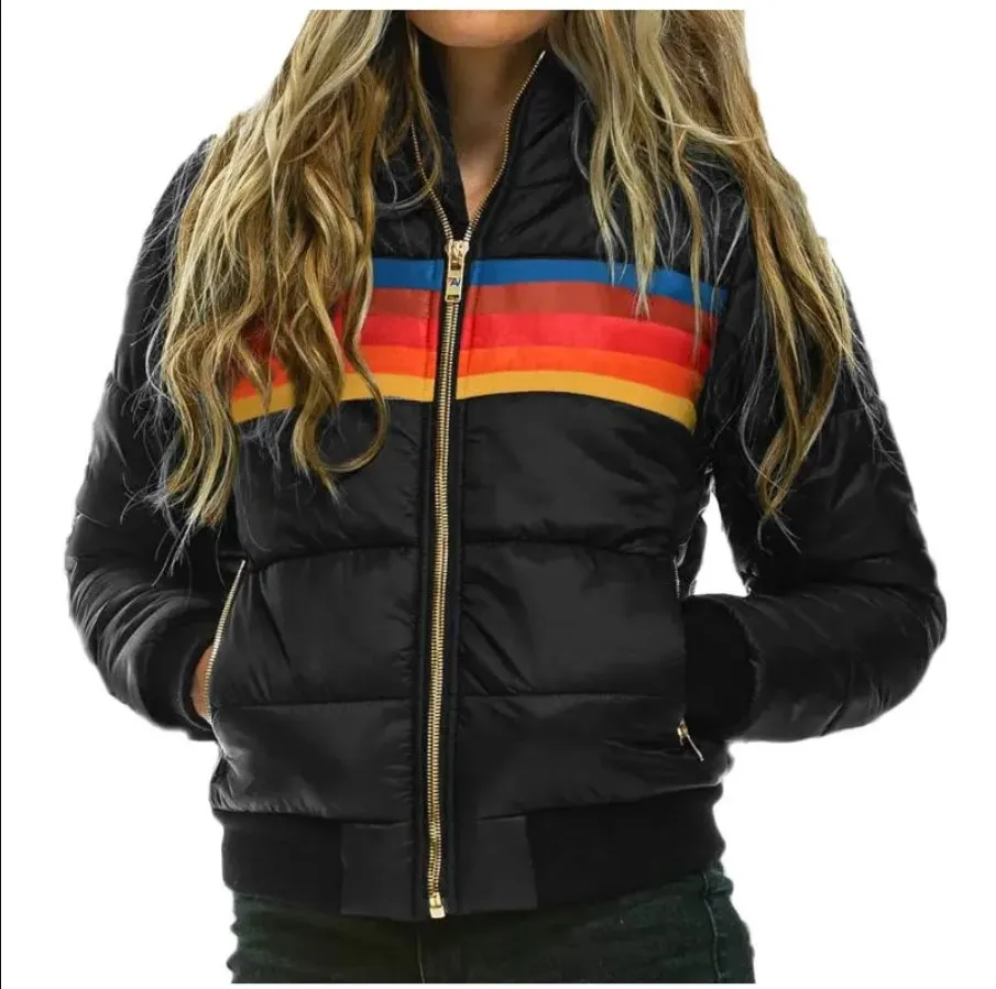 Kvinnor Parkas Kvinnor Rainbow Printed Jacket Winter Hooded Cotton vadderade rockar Kvinnliga koreanska lösa puffer Parkas Dams dragkedja utkläder