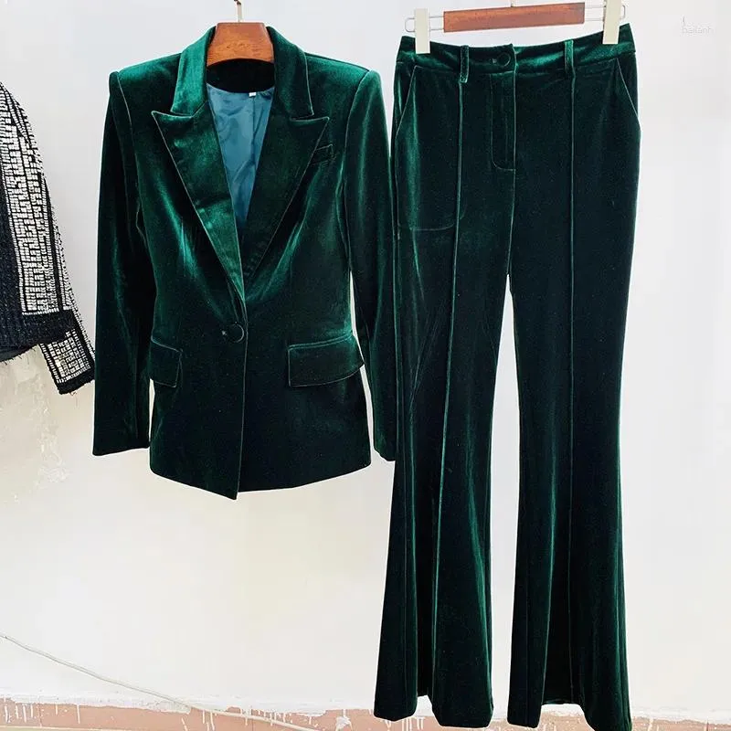 Frauen Zwei Stück Hosen Blazer Anzug Frauen Set Samt Lila Grün 2023 Frühling Eine Taste Jacke Flare Büro Weibliche