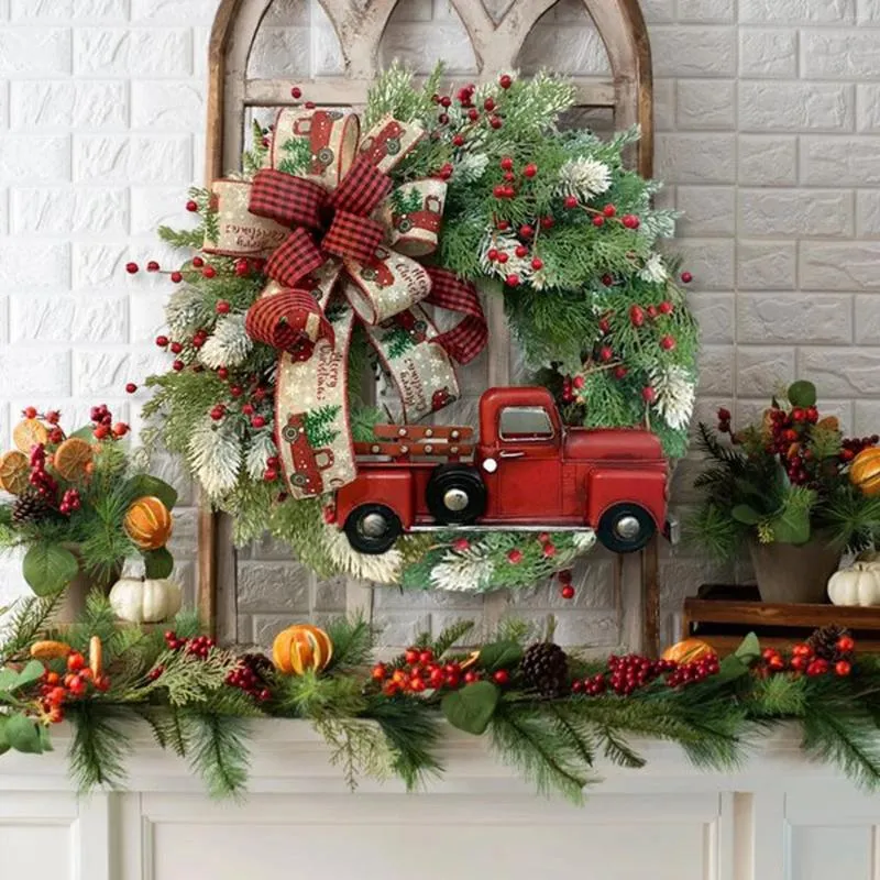 Dekorativa blommor julkrans konstgjord växt rotting allt för ytterdörren röd lastbil rustik girland tacksägelse xmas hängande dekor