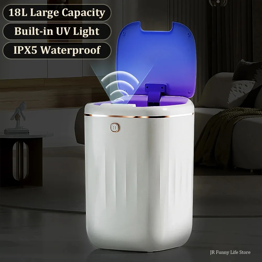 Poubelles Poubelle à capteur automatique 18L avec lumière UV poubelle intelligente Rechargeable pour salle de bain toilette corbeille avec couvercle Smart Home 231031